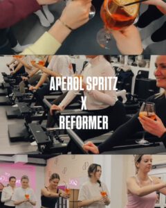 Collage an Fotos aus dem Pialtes Studio mit dem Titel Aperol Spritz X Reformer